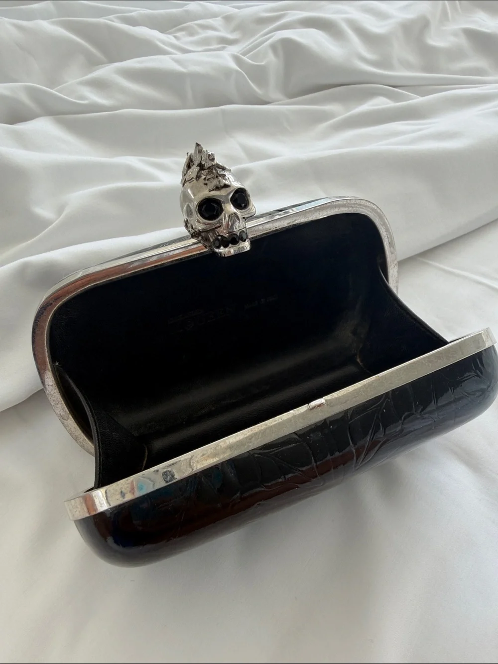 Alexander McQueen Black Patent Skull-Top Clutch